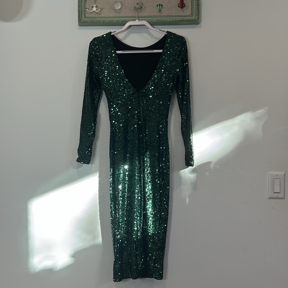 Dress the population Emery Dark Pine Green Sequin long sleeve fitted dress small - Picture 7 of 11